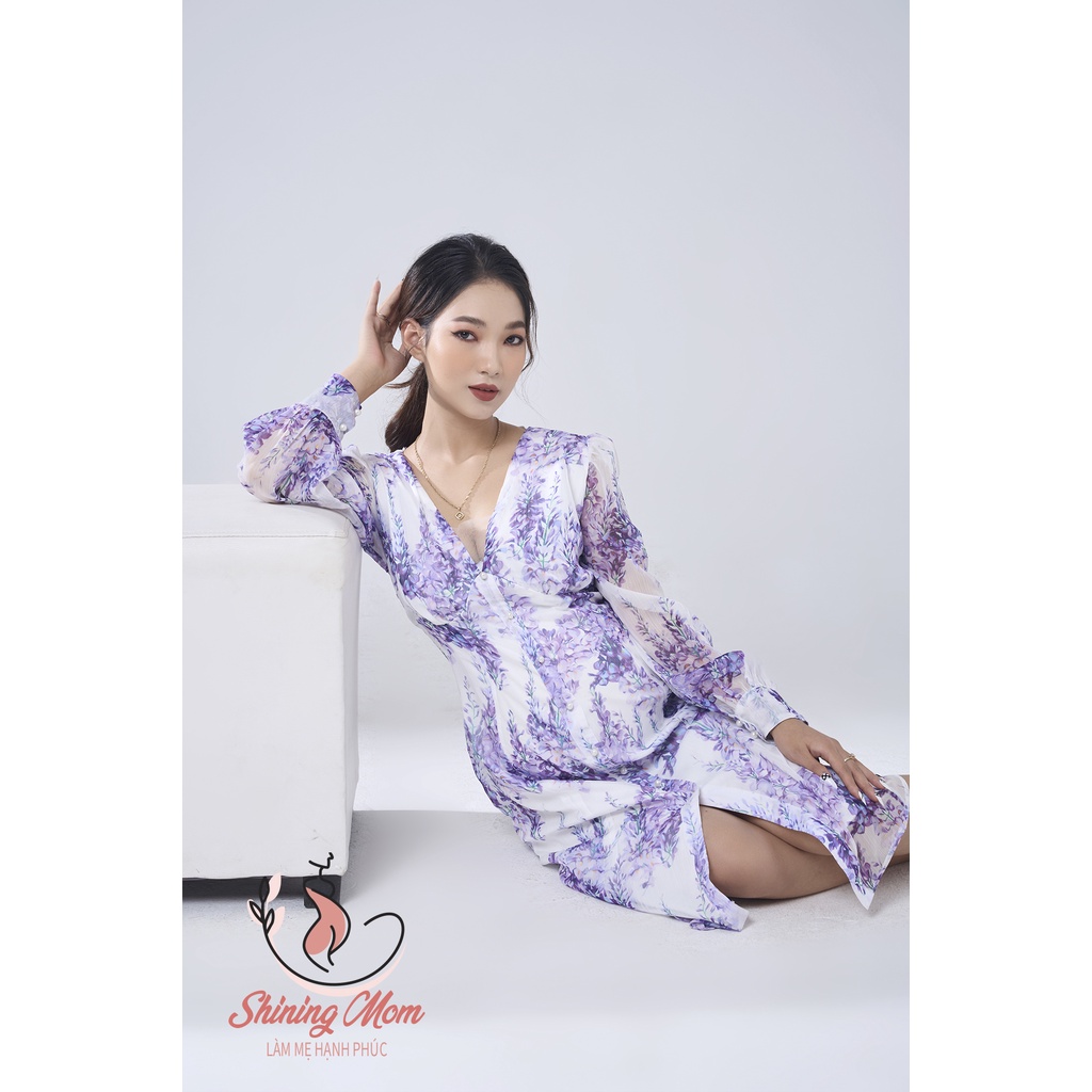 Đầm bầu mùa thu công sở voan hoa tử đằng tím hợp đi làm đi chơi