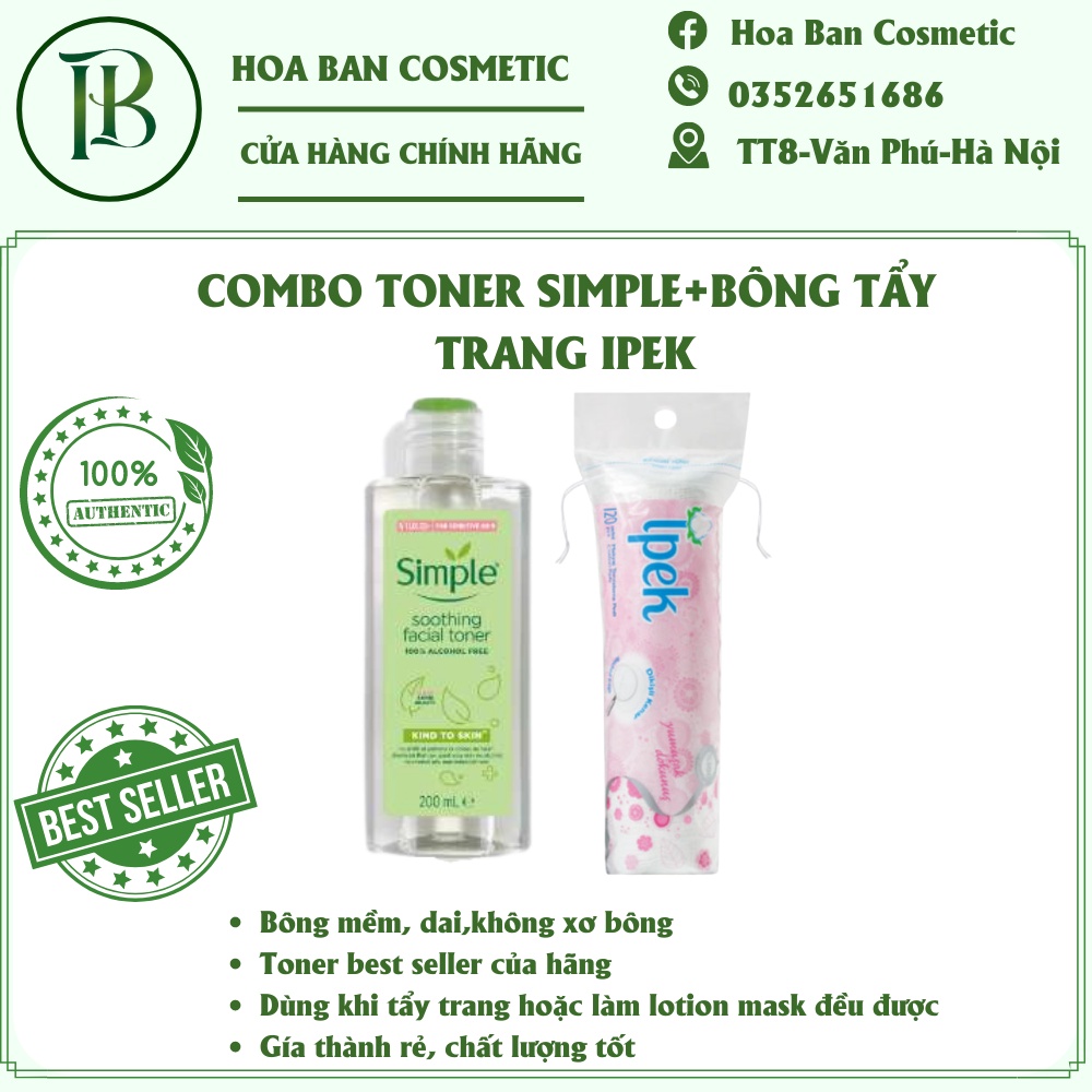 Combo 1 chai nước hoa hồng Simple Toner và 1 Bông tẩy trang Ipek 80 miếng