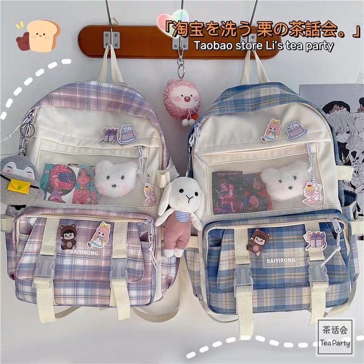 BALO HỌC SINH NHIỀU NGĂN CARO MÀU SIÊU XINH, KÈM HUY HIỆU ĐẦU GẤU BÔNG VÀ MÓC KHÓA MINI - ORDER 10 NGÀY
