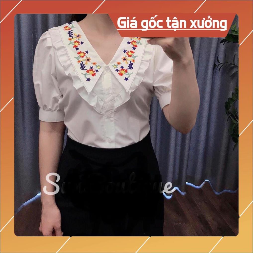 [Chất lượng số 1] Áo sơ mi thêu cổ chữ V tay ngắn bèo cổ thời trang | BigBuy360 - bigbuy360.vn