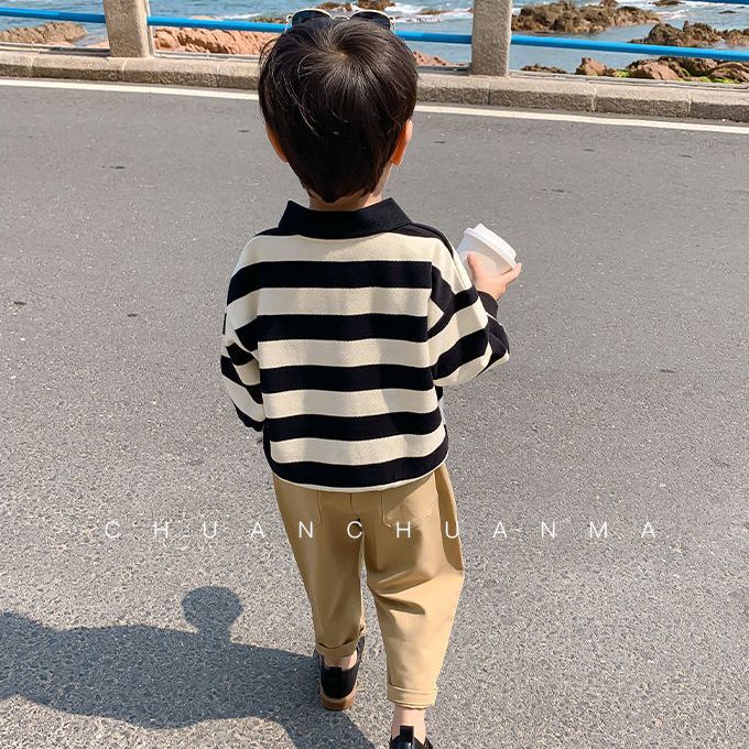 Áo Thun Polo Họa Tiết Kẻ Sọc Trắng Đen Phong Cách Hàn Quốc Thời Trang Mùa Thu 2022 Cho Bé Trai