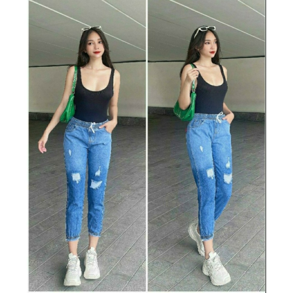 Quần Jean Baggy Nữ Mẫu Rách Tua Lai Phối Màu Ảnh Thật