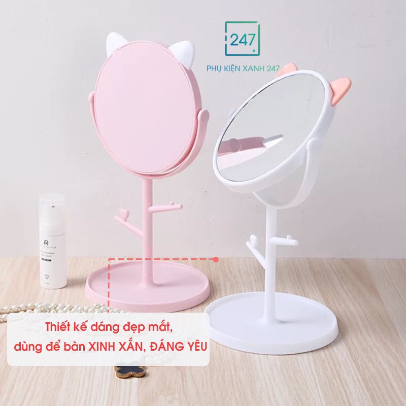 Gương tai mèo cute, gương để bàn trang điểm kiểu dáng Hàn Quốc xoay 360 độ gấp gọn, siêu tiện dụng