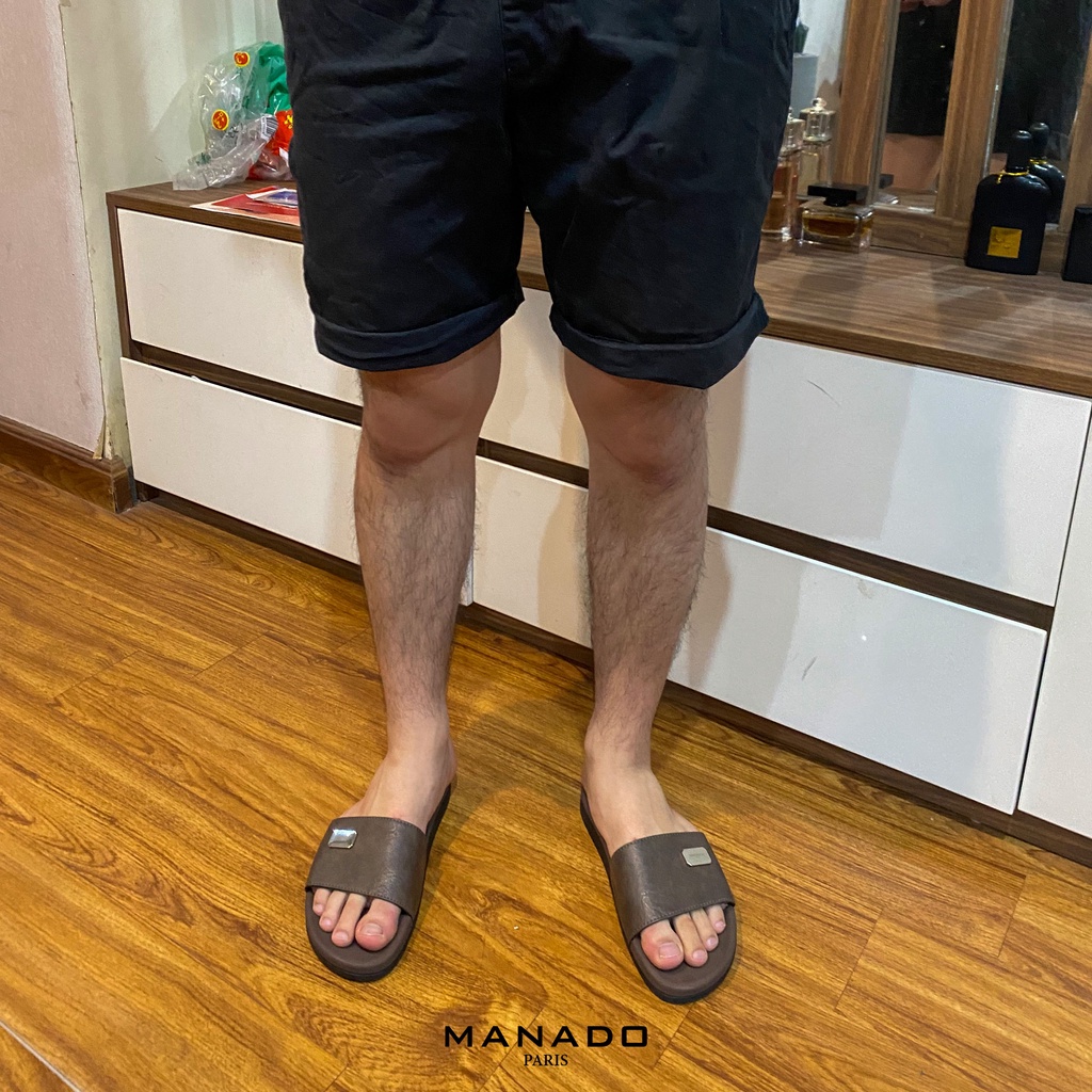 Dép da nam quai ngang cao cấp Manado Mã MND02 màu nâu fullbox, quai da mềm mại, đế cao su thiết kế chắc chắn