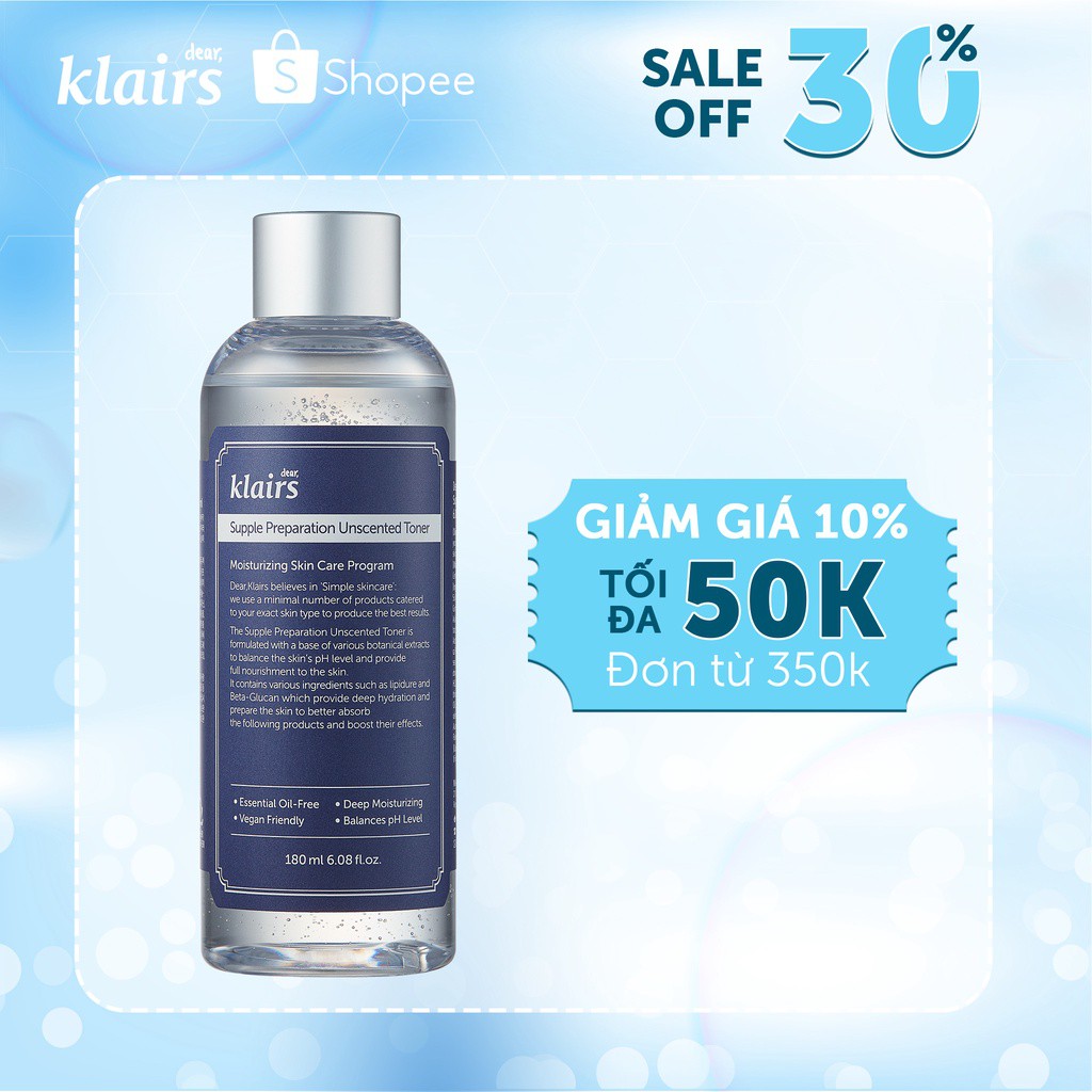 Nước hoa hồng Dear Klairs Supple Preparation Unscented Toner klairs 180ml