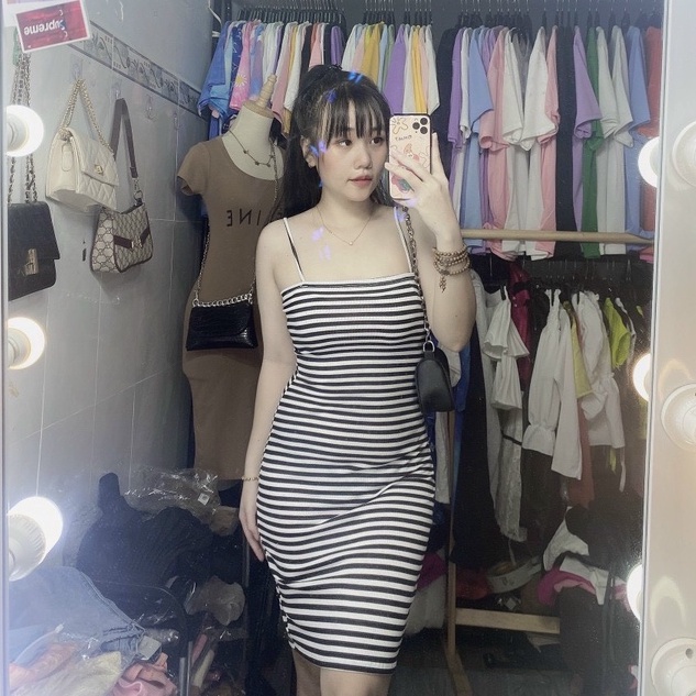 Đầm 2 dây ôm body màu sọc ngang cực xinh , chất thun gân mềm mịn