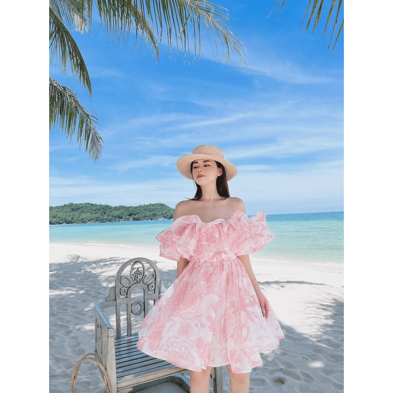 Đầm Thiết Kế HOT Trend --- Đầm Voan In Hở Vai Xinh Lung Linh UP