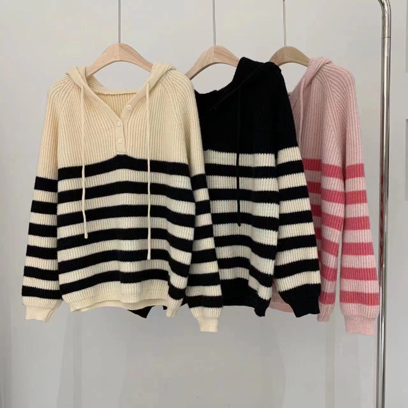Áo Hoodie Dệt Kim Dáng Rộng Họa Tiết Kẻ Sọc Thời Trang Mùa Thu Phong Cách Hàn Quốc Mới Cho Nữ