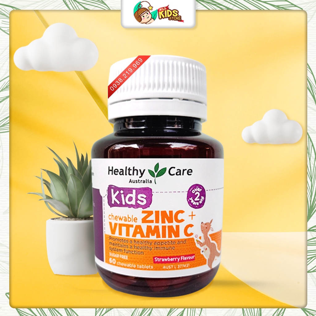 [Mẫu Mới] Thực phâm bổ sung viên nhai Kẽm Vitamin C +  Zin C Healthy Care cho bé 60v Úc