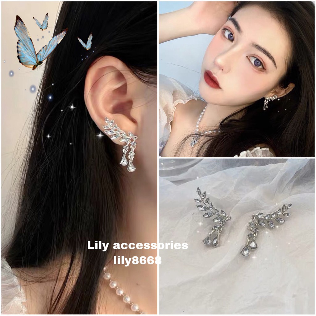 khuyên tai bông tai đính đá kiểu dáng cành lá phong cách