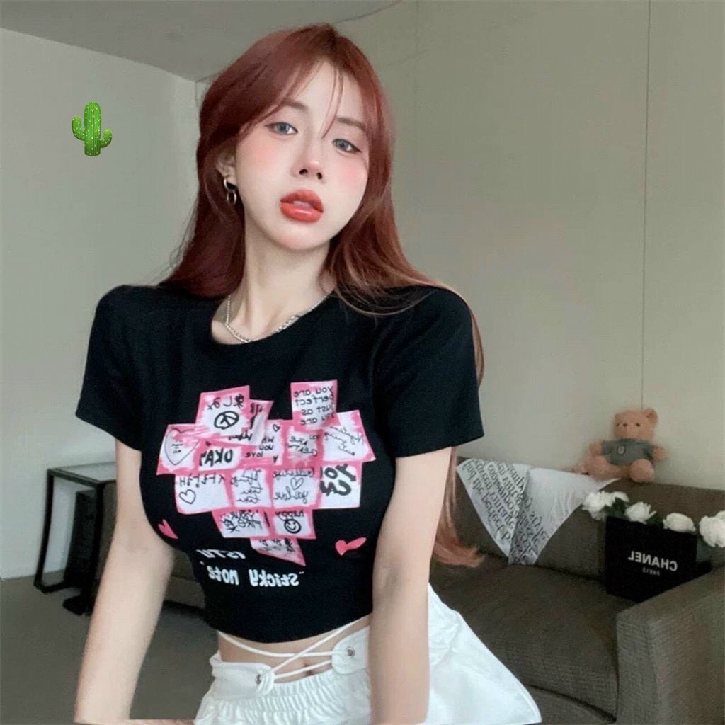 Áo croptop nữ tay ngắn cổ tròn ôm body in họa tiết dễ thương