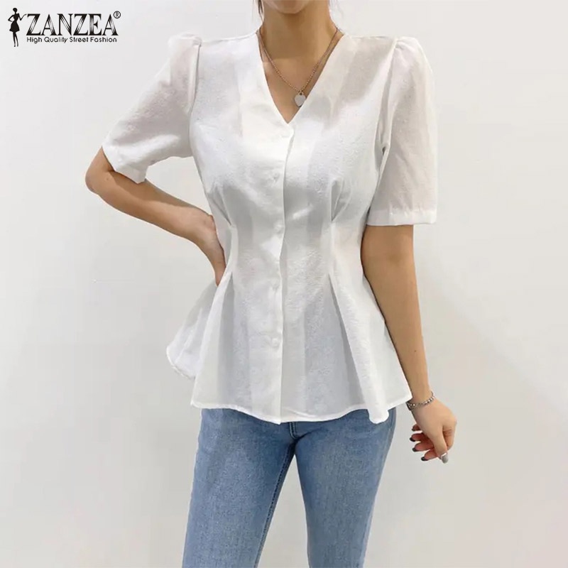 Áo sơ mi ZANZEA tay phồng cổ chữ V phong cách Hàn Quốc thanh lịch dành cho nữ