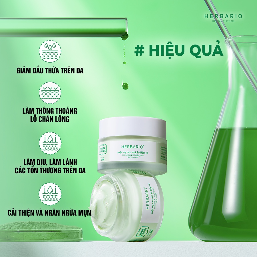 Bộ 3 chăm sóc da mụn cơ bản rau má & Diếp cá Herbario: Sữa rửa măt 200ml + Mặt nạ 30ml + Tinh chất 30ml