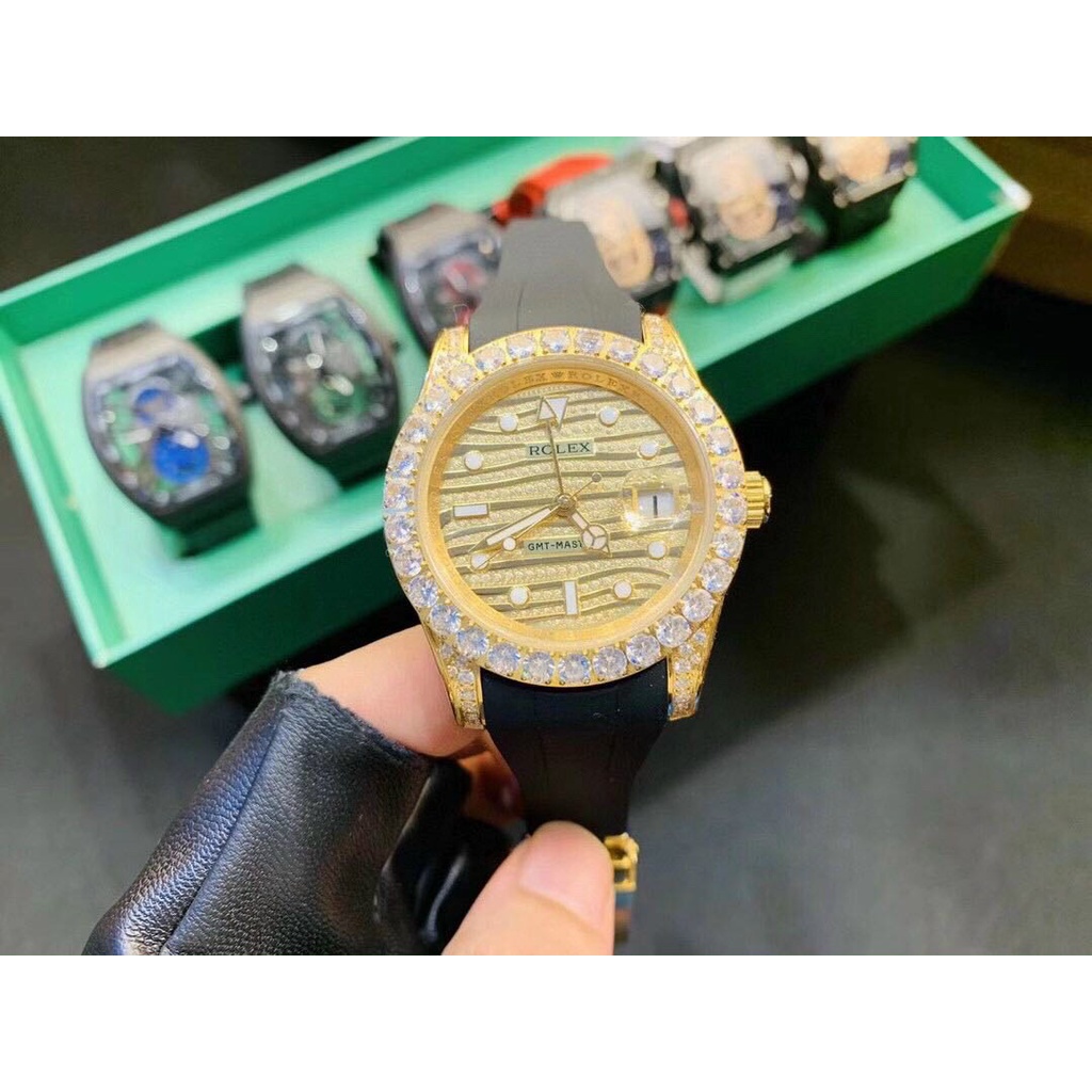 Đồng hồ nam Rolex mặt tròn đính viền đá sang trọng máy cơ cao cấp chống nước