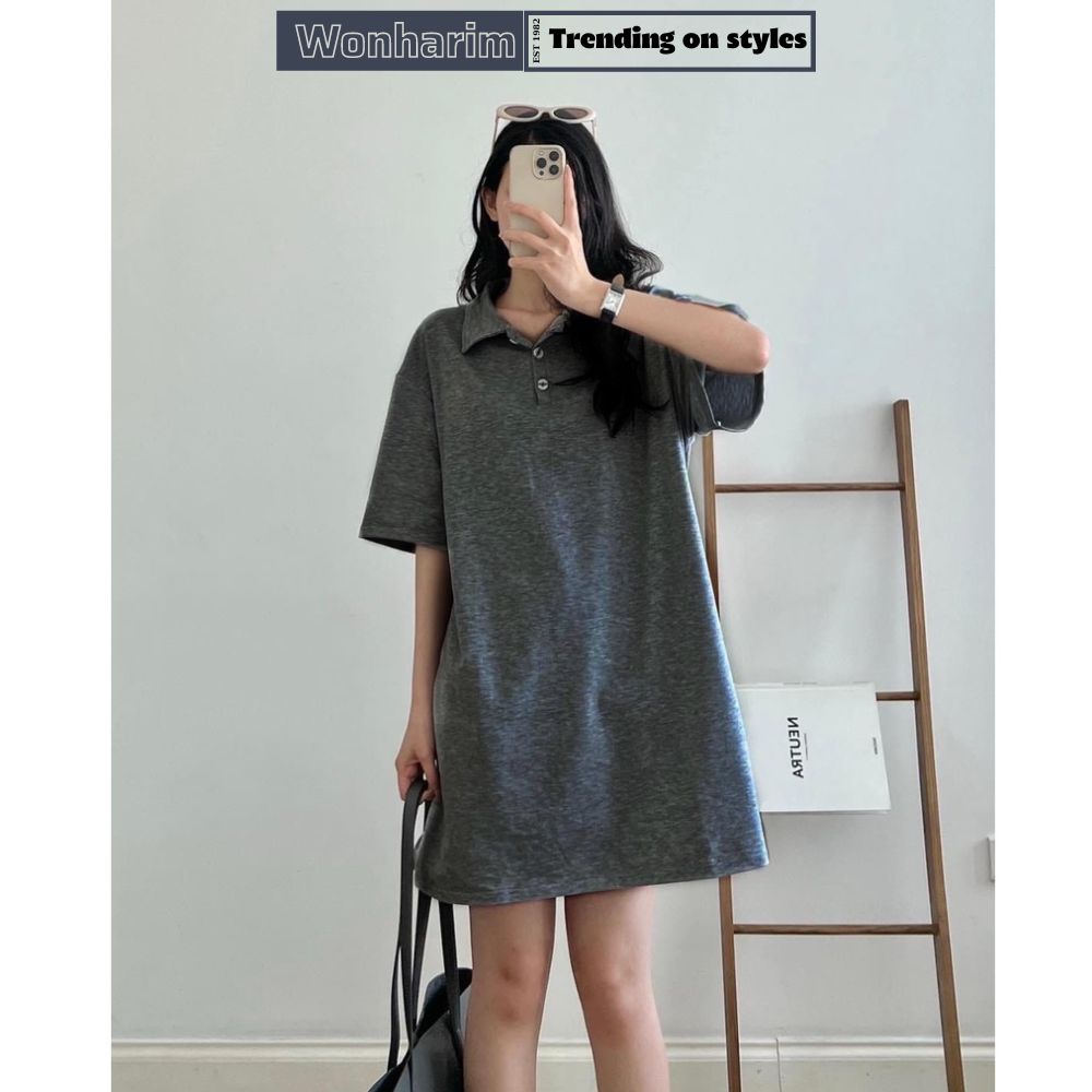 Váy Polpo Tổ Ong Xám dáng xuông nữ🌸[wonharim]🌸Đầm form rộng tay lỡ bánh bèo tiểu thư 21325