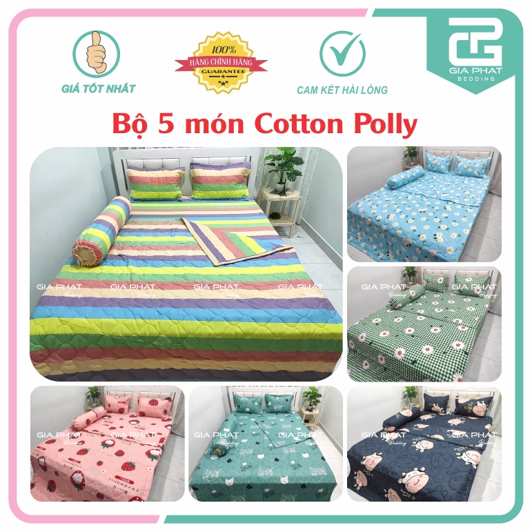 Bộ ga gối Cotton Poly 5 món Loại 1 ( 1 mền chần bông + 1 ga + 1 gối ôm + 2 áo gối thêu có khóa kéo)