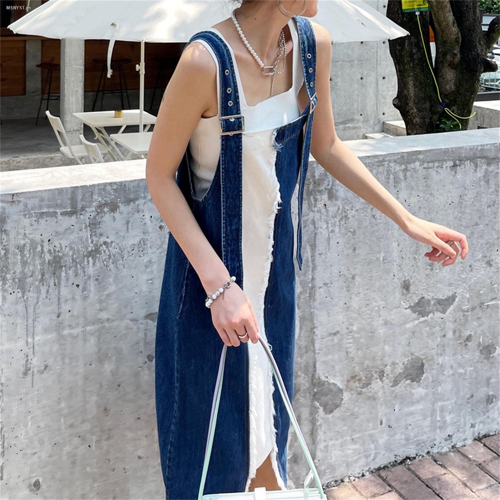Đầm yếm denim phong cách retro thời trang mùa thu 2021 năng động trẻ trung cho nữ