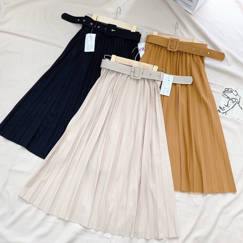 Chân váy nữ dập li kèm thắt lưng