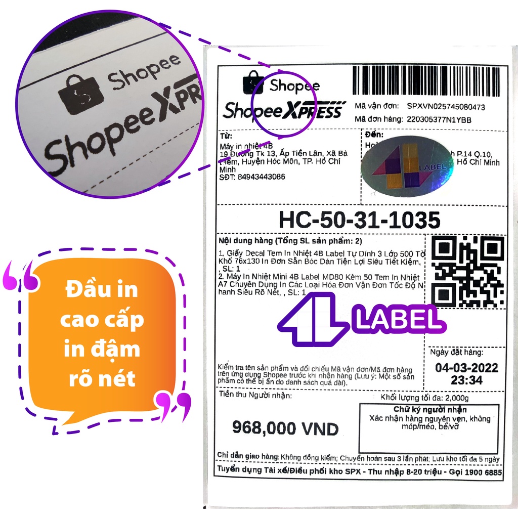 Giấy in nhiệt A7 75x100 dạng cuộn 30m loại dày đẹp, tem nhiệt 4B Label chuyên dùng in đơn hàng TMDT, siêu thiết kiệm