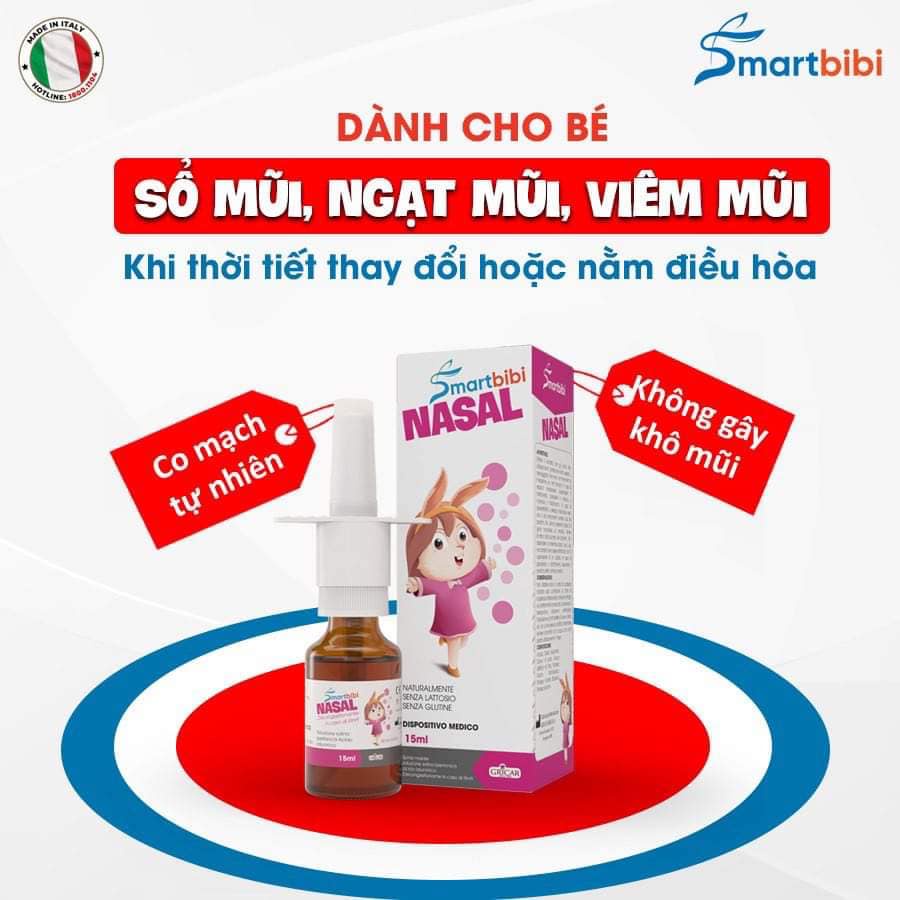 Xịt mũi cho bé Smartbibi Nasal giúp giảm ngạt mũi làm loãng dịch mũi giúp sát khuẩn giảm viêm mũi viêm họng Lọ 15ml