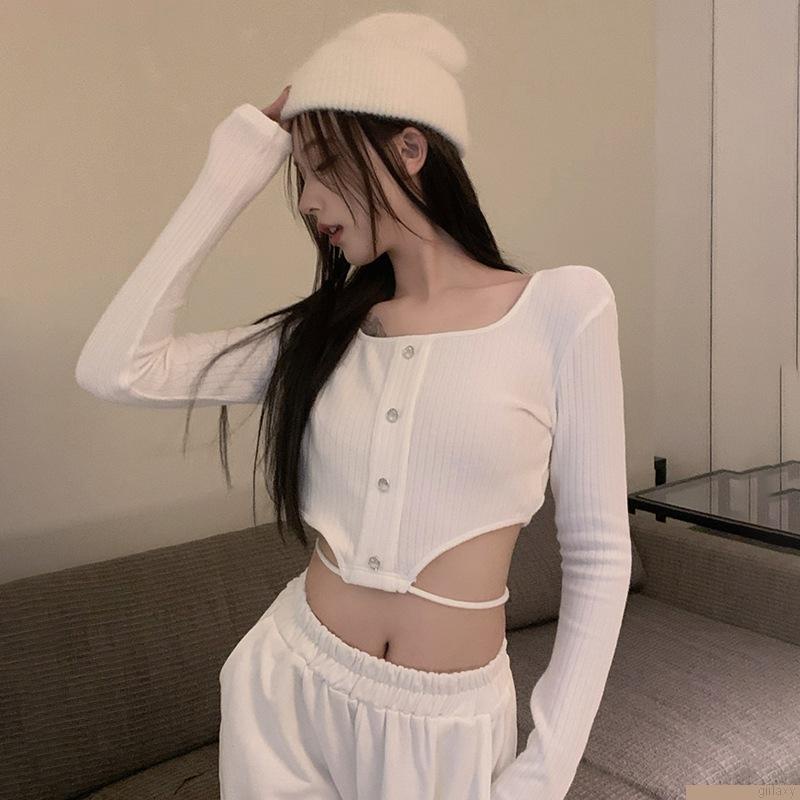 Áo crop top tay dài màu sắc trơn thiết kế gợi cảm cho nữ