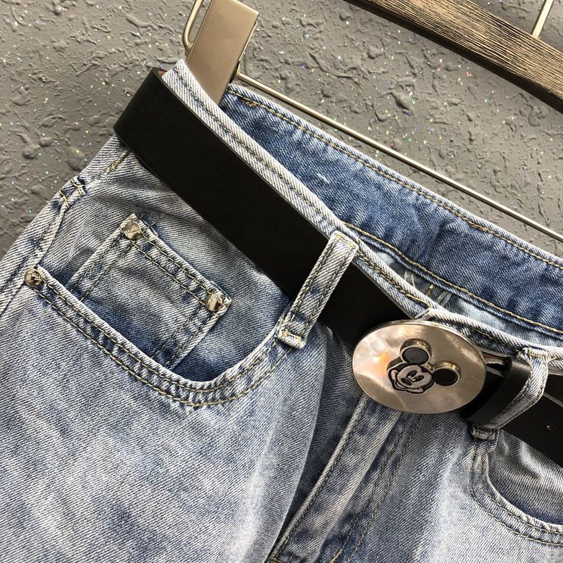 Mickey stickers tattered cropped jeans women's summer high waist versatile straight pants fashion cartoon pattern pants