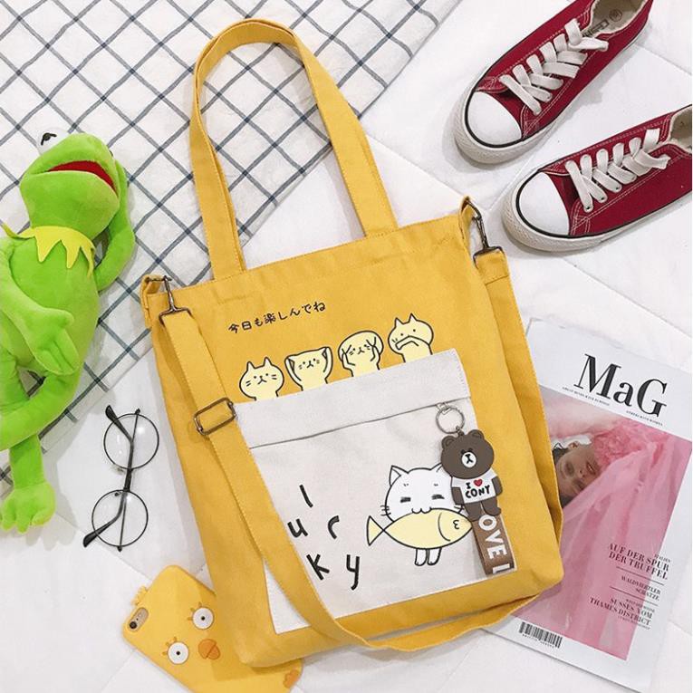 Túi Tote Vải Mèo Ăn Cá Đeo Vai Đựng Đồ Đeo chéo vải canvas TDC3