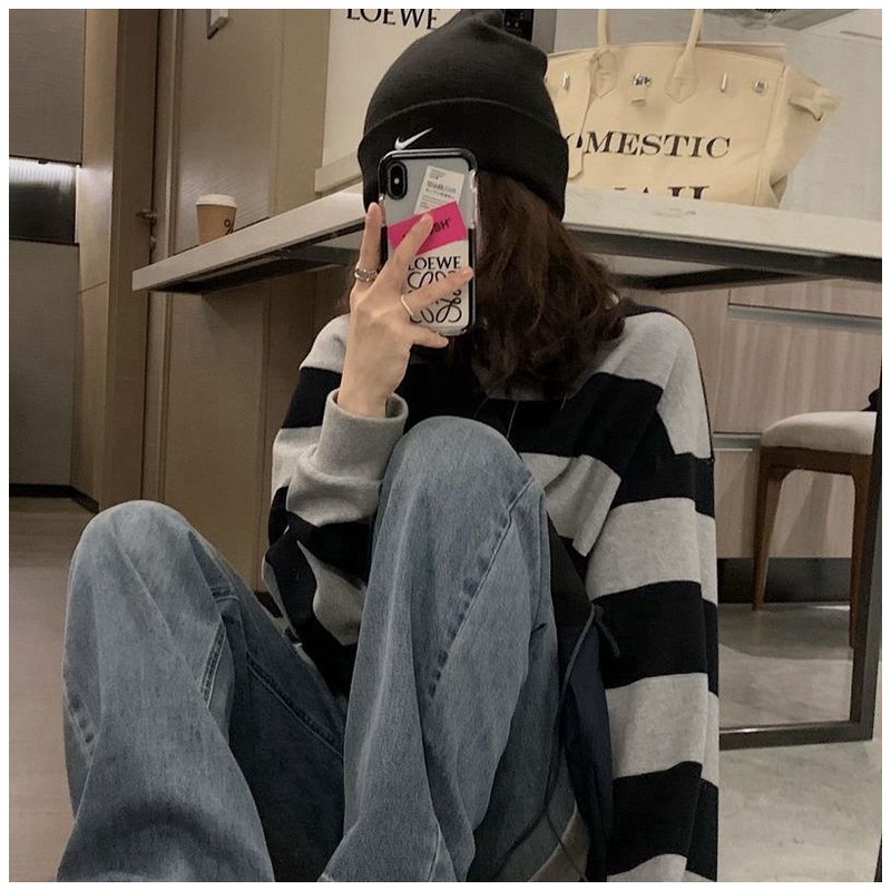 Áo Sweater Mỏng Chui Đầu Dáng Rộng Kẻ Sọc Thời Trang Mùa Thu Mới 2022