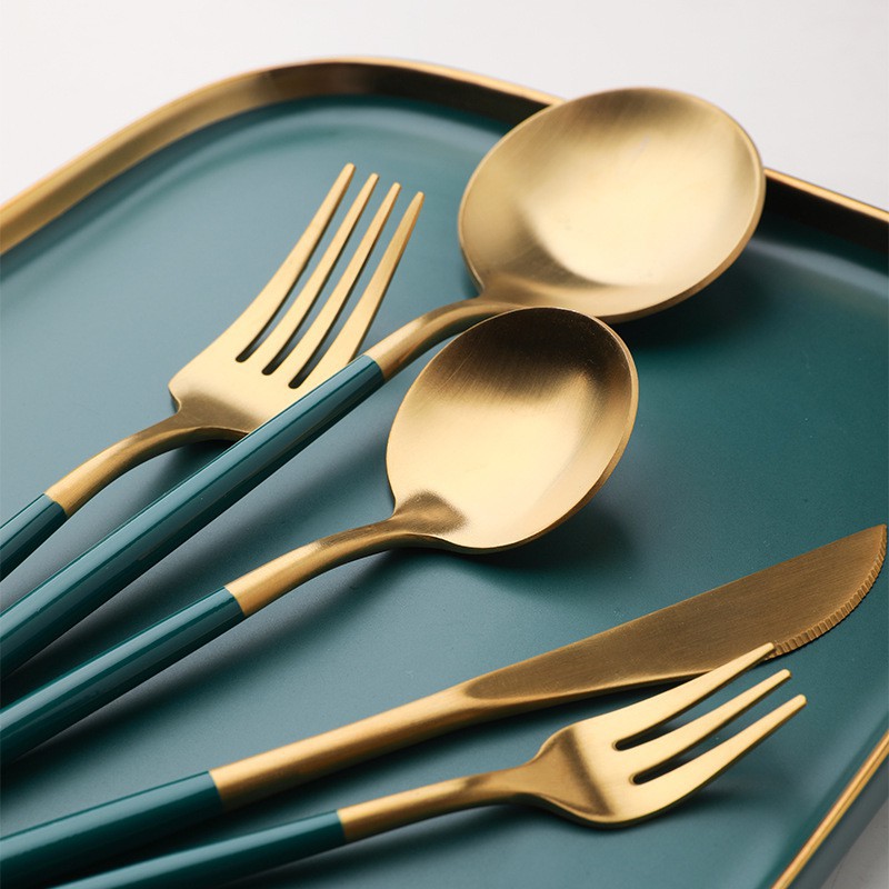 High Quality Tableware Portugal Cutlery Set Black Green Flatware Set Stainless Steel Matte Cutlery Gold Spoon Chopsticks Fork And Knife