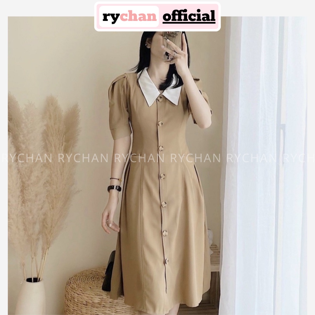 Đầm Nữ Dự Tiệc Sang Trọng Dáng Dài Cổ Trắng Nút Trước Tay Ngắn Bo Eo Cực Thanh Lịch Màu Nude Đen - DX9789