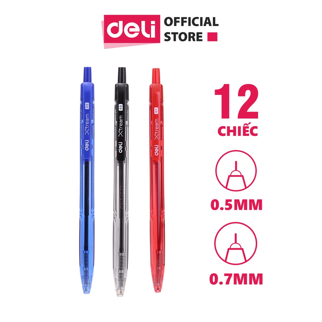 [Hộp 12 Chiếc] Bút Bi Dầu Deli Ngòi 0.5mm Trơn Tru - Đầu Bấm Tiện Lợi - Mực Xanh/ Đen/ Đỏ - EQ02020/ EQ02030/ EQ02040