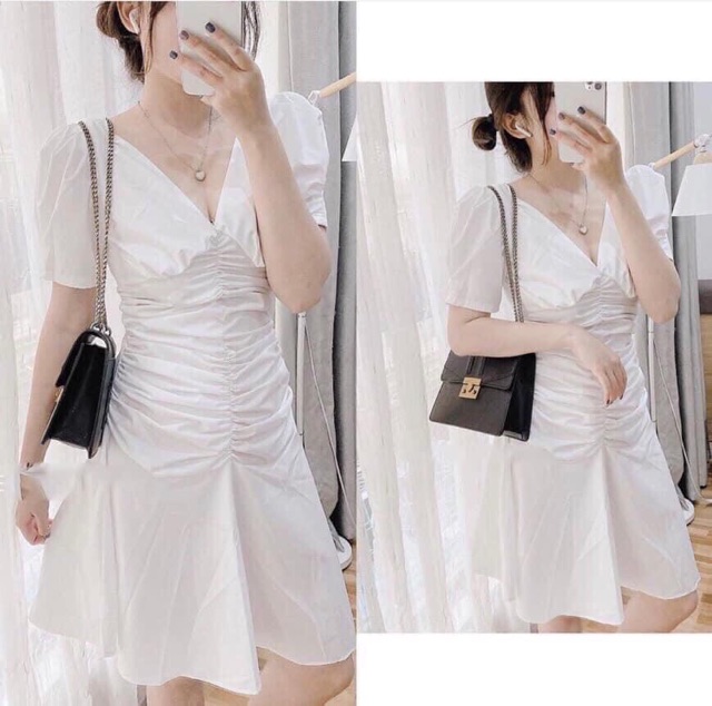 Đầm suông trắng cổ V nhún ngực tay ngắn chất liệu lụa có lót | BigBuy360 - bigbuy360.vn
