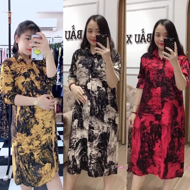 Váy Sơ Mi Dáng Dài Họa Tiết Lụa Loang Xinh Xắn