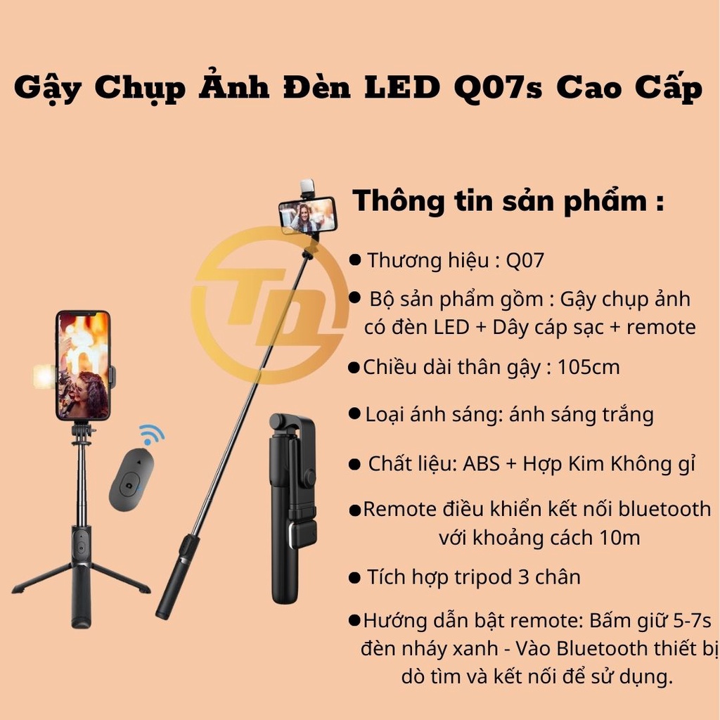 Gậy Chụp Ảnh Tự Sướng 3 Chân Đa Năng Q07, Q07s Kèm Đèn Selfie + Remote Bluetooth Siêu Tiện Lợi