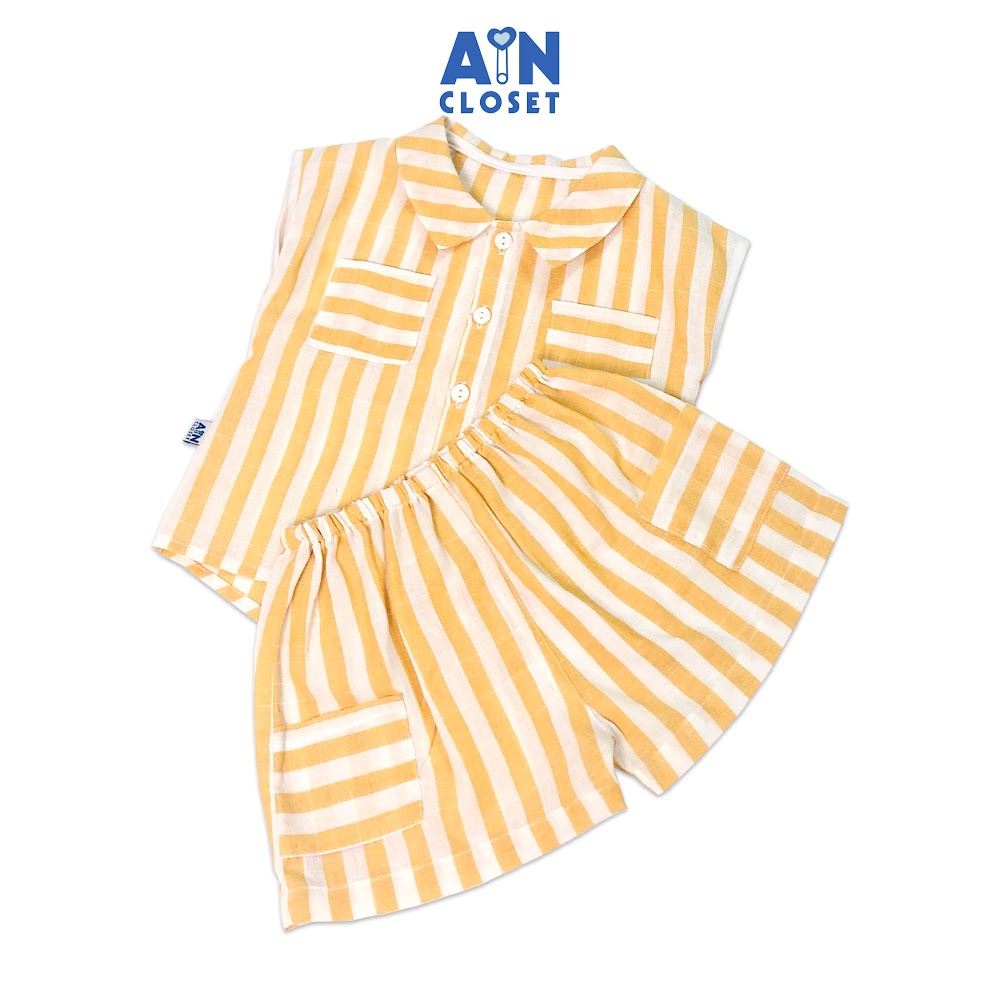 Bộ quần áo ngắn unisex Kẻ vàng trắng cổ sơ mi linen cotton - AICDBT0TKXQK - AIN Closet