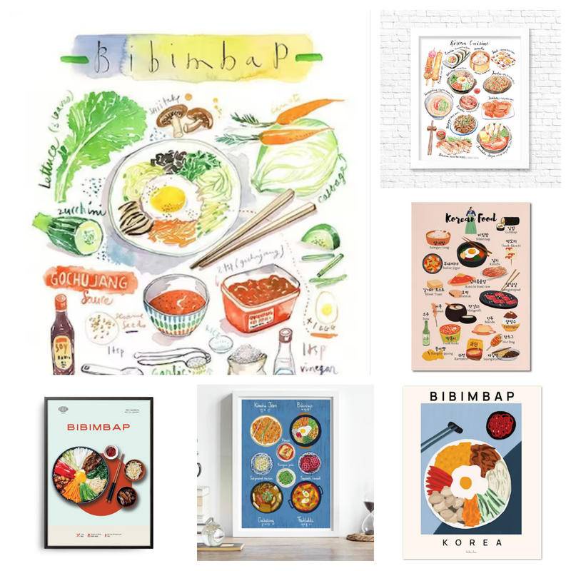 Tranh Vải Bạt Treo Tường In Hoạt Hình Kimchi Bibimbap Phong Cách Hàn Quốc Trang Trí Nhà Cửa