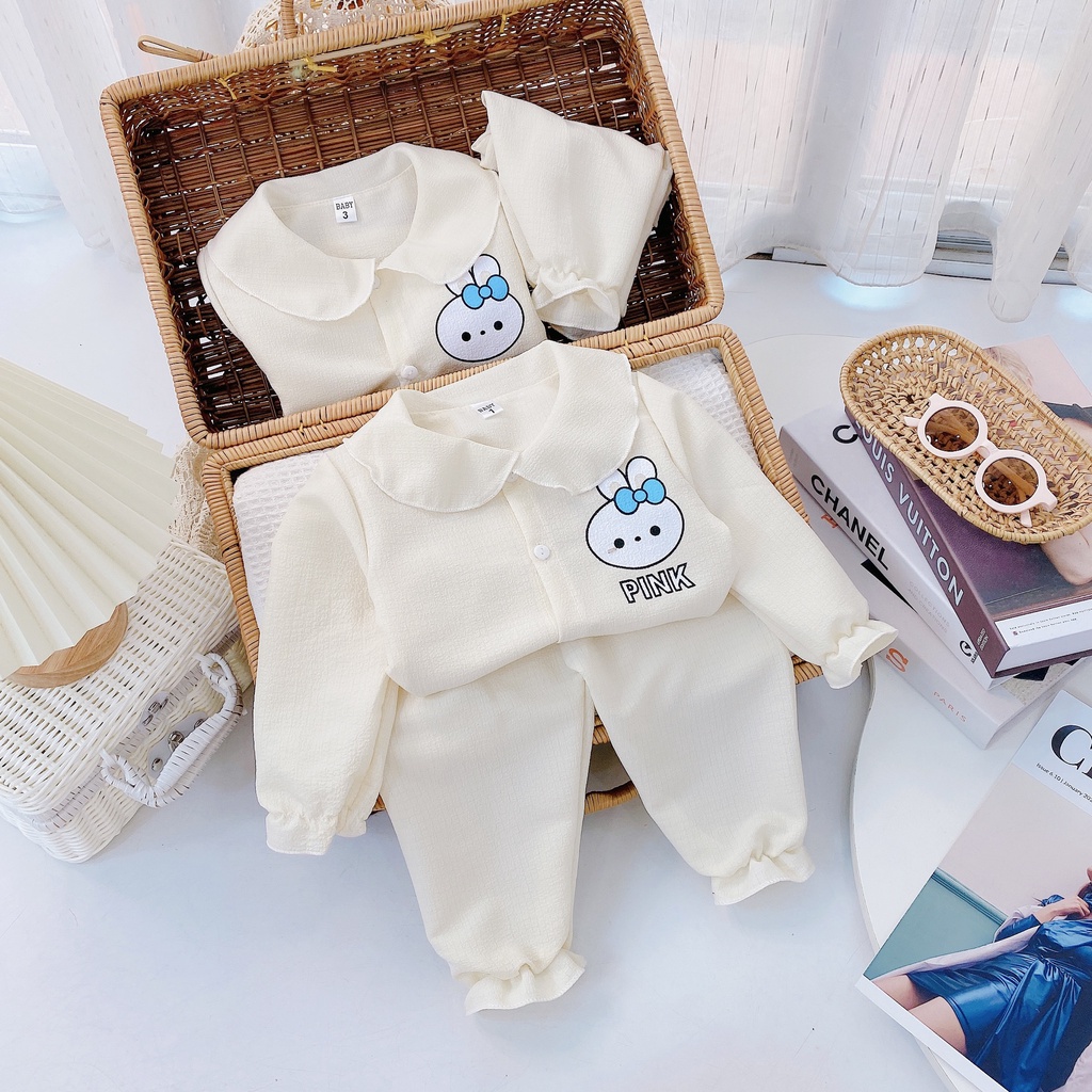 [DT67] Bộ Dài Tay Họa Tiết Thỏ Pink Cho Bé Gái Chất Vải Đũi Xô Nhẹ Nhàng Dáng Đáng Yêu Size Từ 7-18Kg VNXK Nhật-Hàn
