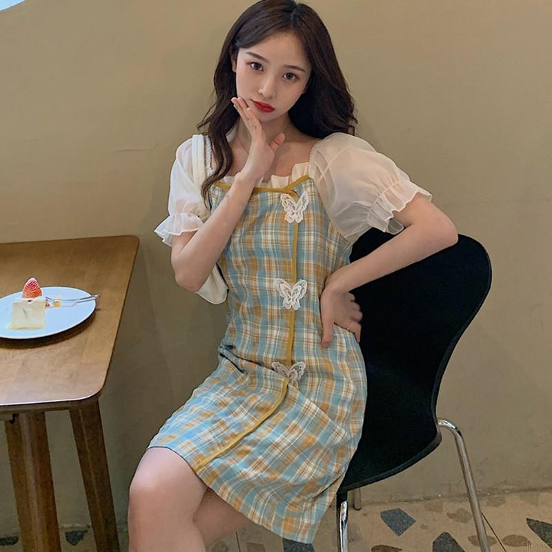 Đầm Tay Ngắn Cổ Vuông Họa Tiết Hình Bướm Phong Cách Retro Pháp Nữ Tính