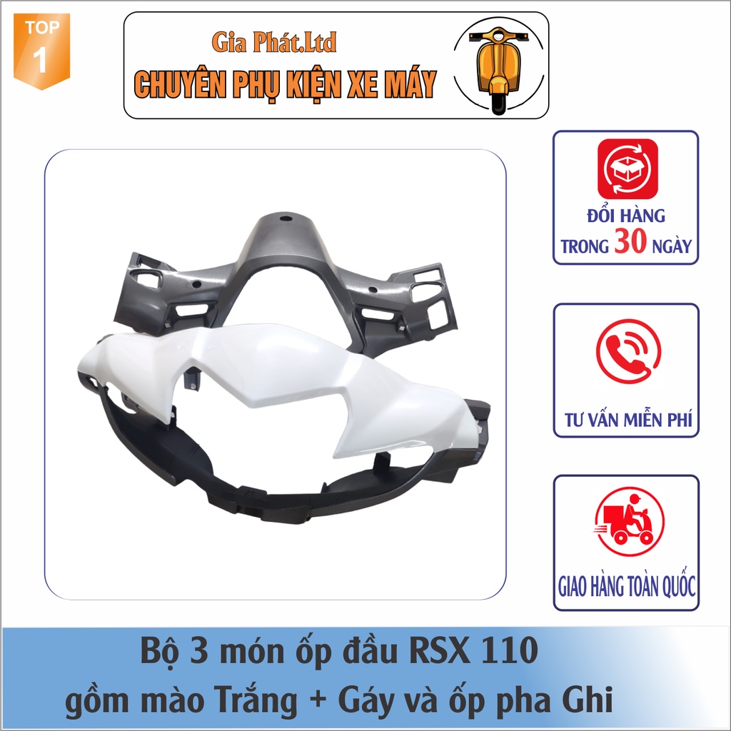 Combo ốp đầu Wave RSX 110  gồm Mào TRẮNG - Gáy GHI - và Pha đèn kèm bóng