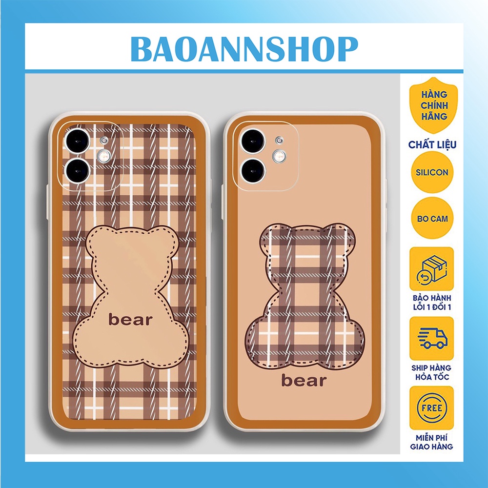 Ốp lưng iphone hình gấu bear caro may mắn dẻo cạnh vuông bảo vệ camera 7plus/8plus/x/xs/xsmax/11/12/13/14/pro/promax