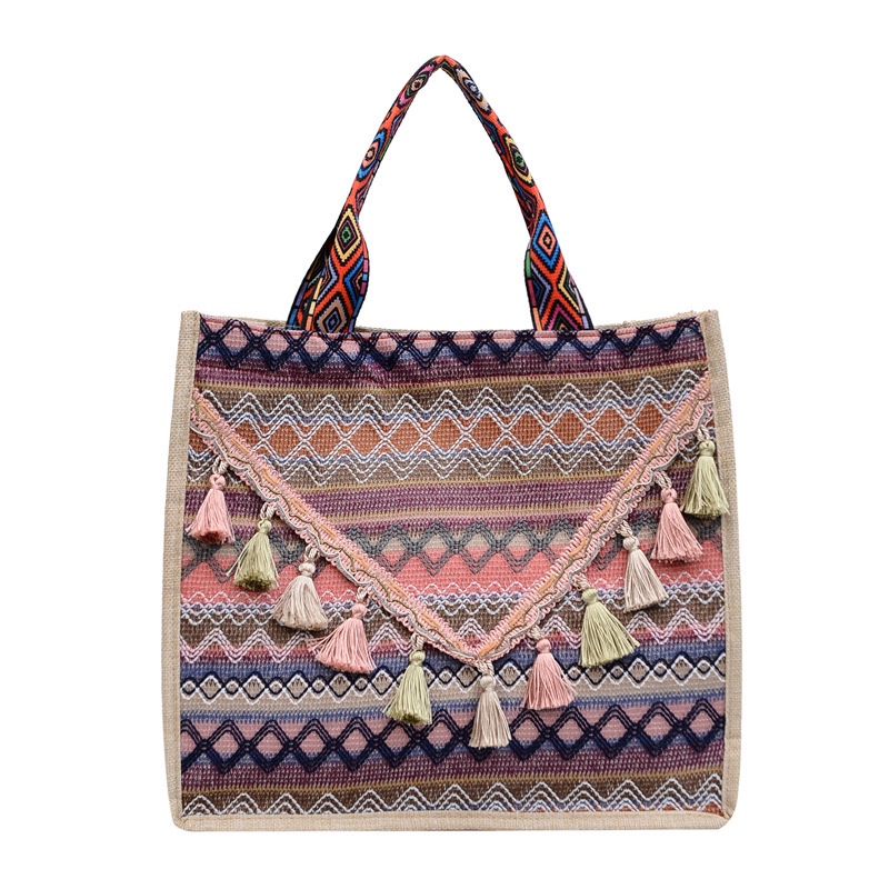 Túi Tote Vải Lanh Cỡ Lớn Phối Tua Rua Họa Tiết Thổ Cẩm Thời Trang