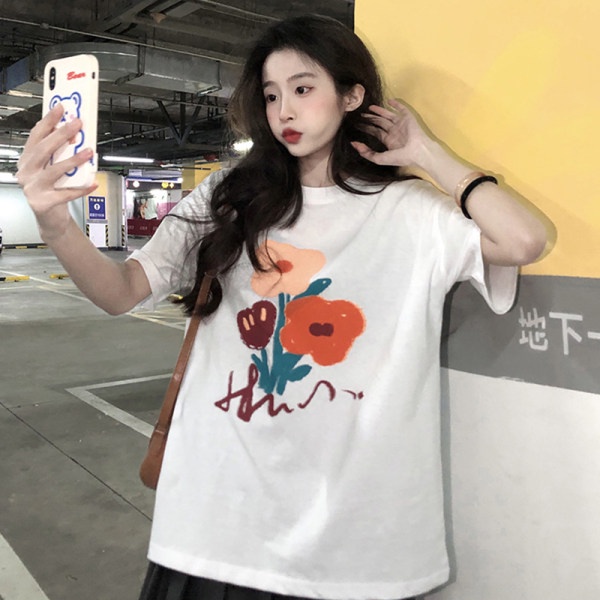 Áo Thun Dáng Rộng In Hoa Kiểu Hàn Quốc Thời Trang Mùa Hè Cho Nữ Cỡ 2XL