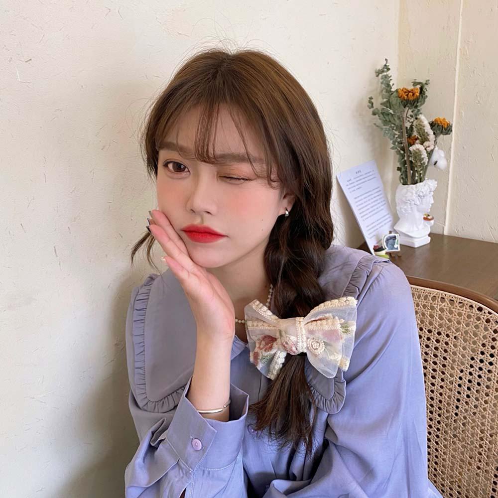 Kẹp Tóc Nơ Dài Đính Hoa Hồng Và Ruy Băng Lưới Kiểu Hàn Quốc Xinh Xắn VANES1