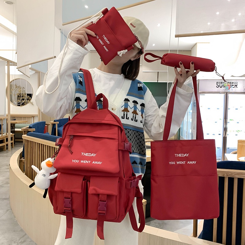 Set balo nữ 4 món cặp đi học Ulzzang vải bố ba lô học sinh cấp 1 2 3 thời trang hàn quốc, combo balo the day you went