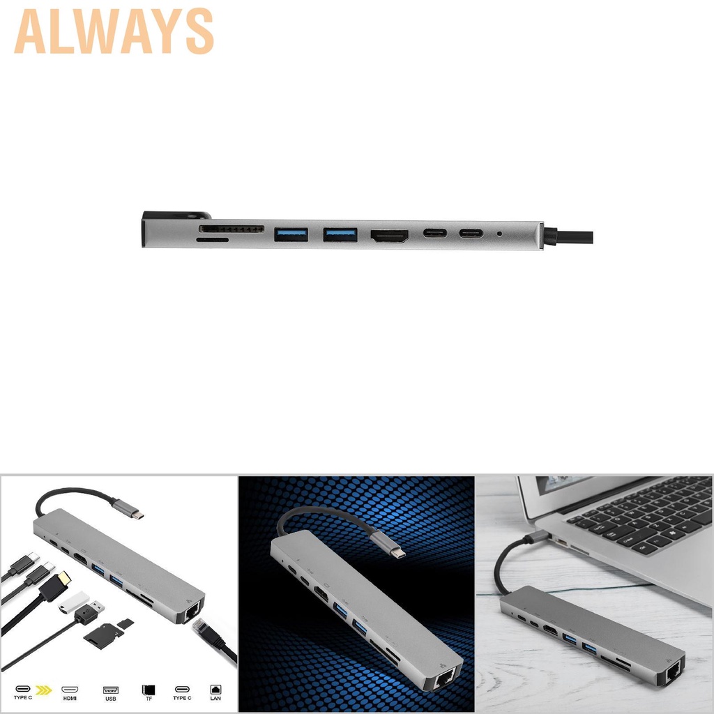 Alwaysonline USB-C to Type-C Hub Adapter 8-in-1 Adaptor Dock Station HDMI RJ45 Ethernet