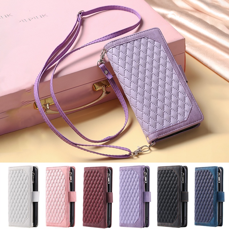 Ốp Điện Thoại Da Mềm Nắp Gập Tích Hợp Ví Có Khóa Kéo Và Dây Đeo Dành Cho IPhone 14 13 12 Mini 11 Pro Max