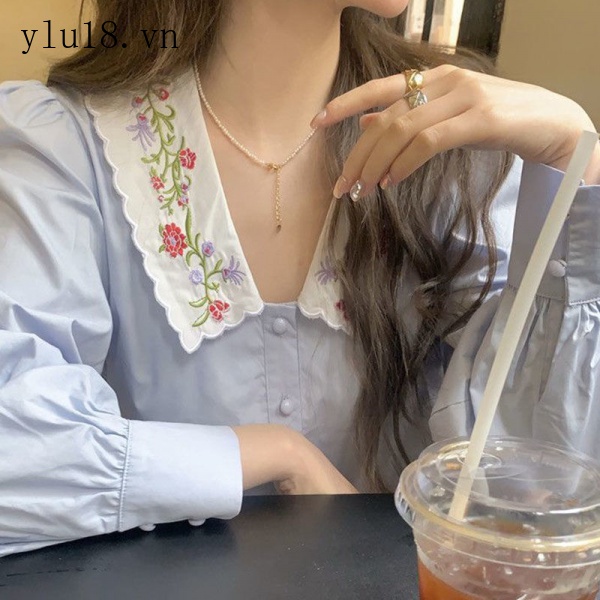 Áo Sơ Mi Tay Dài Phồng Cổ Búp Bê Thêu Họa Tiết Phong Cách Phương Tây Thời Trang Mới Cho Nữ