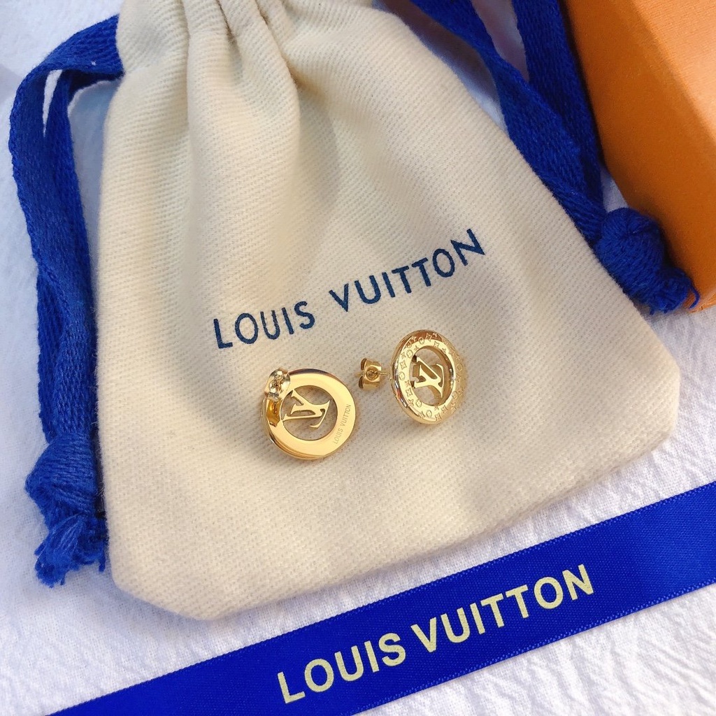 LOUIS VUITTON Khuyên Tai Tròn Bằng Thép Titan In Logo LV Thời Trang