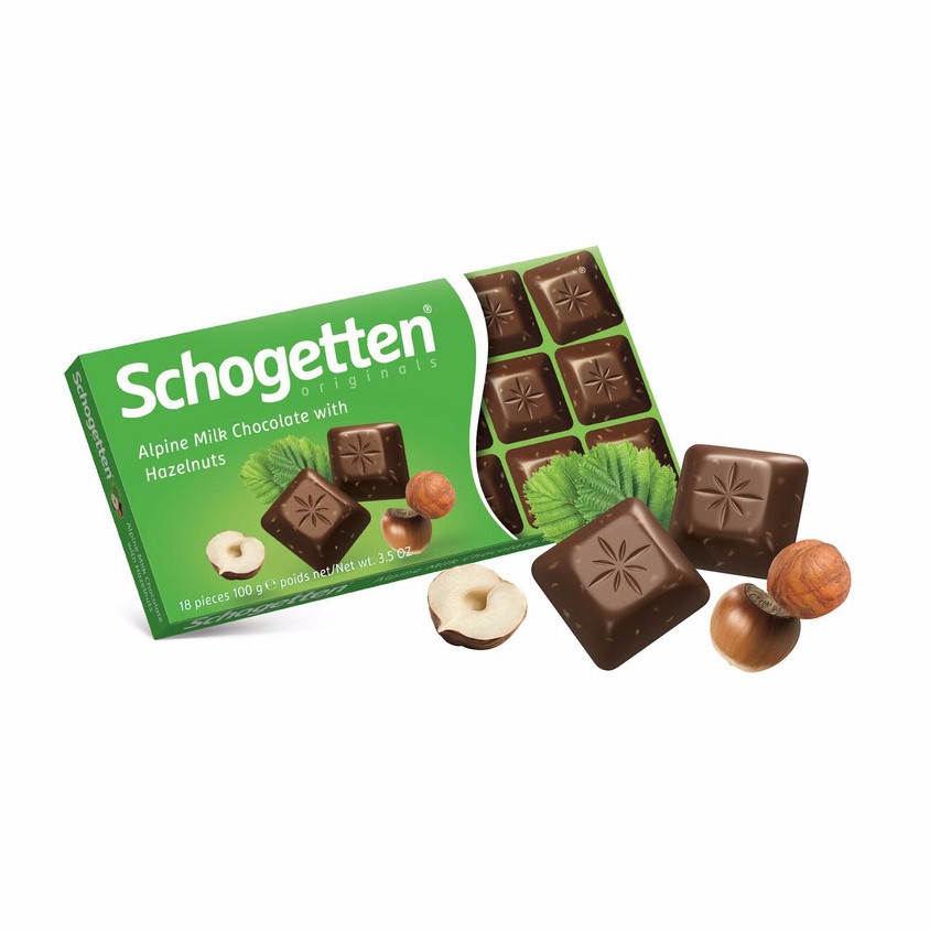 Sôcôla SCHOGETTEN - Vị Hạt dẻ Alpine Milk Chocolate with Hazelnuts - thanh 100g gồm 18 viên rời