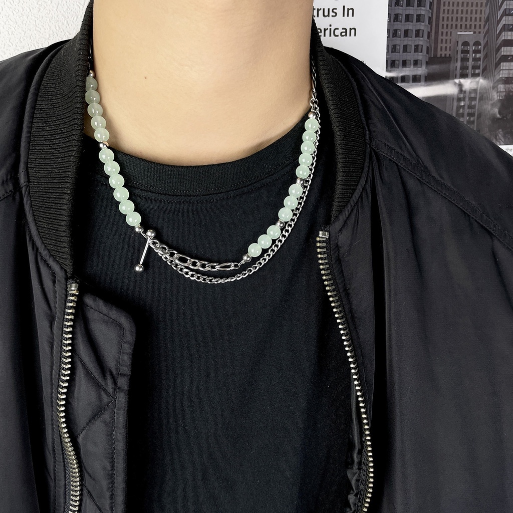 Vòng cổ Nhiều Lớp Bằng Thép Titan Đính Hạt Ngọc Bích Phong Cách retro Cá Tính